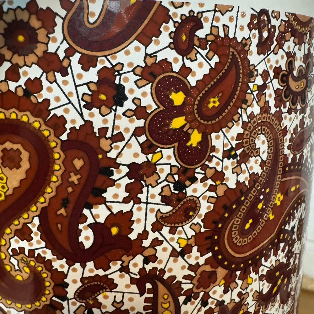 Vintage Enamel Stock Pot Brown Yellow Paisley Retro 70s Lidded Dutch Oven 7.5in